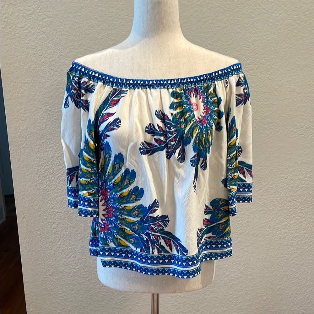 Floral Off-Shoulder Top - Blue and Ivory by FLYING TOMATO